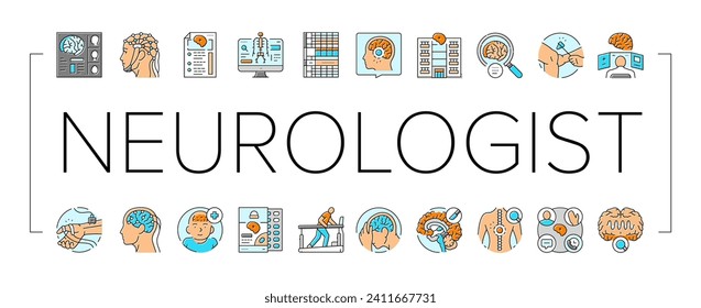 brain neurologist doctor icons set vector. health neurology, medical hospital, technology nerve, surgery patient, medicine brain neurologist doctor color line illustrations