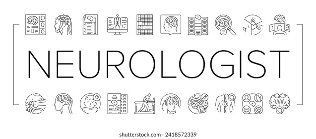 brain neurologist doctor icons set vector. health neurology, medical hospital, technology nerve, surgery patient, medicine brain neurologist doctor black line illustrations