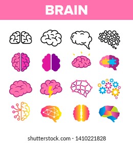 Brain, Neurology Organ Vector Linear Icons Set. Human Brain, Brain-shaped Stylized Speech Bubble Thin Line Pictograms. Jigsaw Pieces, Cogwheels, Lightning Representing Thinking Process Color Symbols