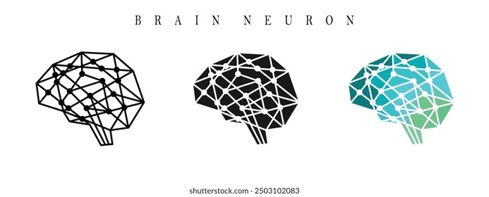 brain neuron set icon, available in outline design, solid black, and gradient blue, editable vector eps 10.