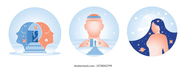 Brain, neuroscience, and creative mind poster. Imagination of a human head with an open door. Silhouette of a woman with a calm imagination. Mental Health concept. Set flat vector illustration.