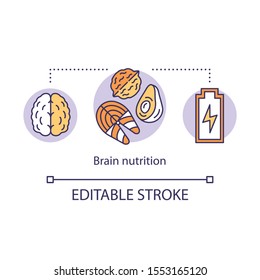 Brain nutrition concept icon. Keto diet idea thin line illustration. Ketogenic food. Dietary snacks. Different nuts. Energy source. Vector isolated outline drawing. Editable stroke