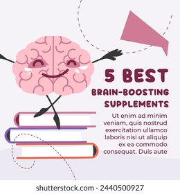 Brain on books, vector illustration, top brain-boosting supplements guide, isolated on light background.