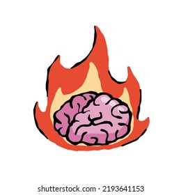 Das Gehirn brennt. Konzept des Brenout am Arbeitsplatz, Ermüdung und Stress. emotionale Probleme. Flammen und Brennen. Handgezeichnete Cartografik