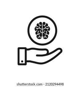 Brain on hand. Intelligence, neurology, innovation icon line style isolated. Vector illustration