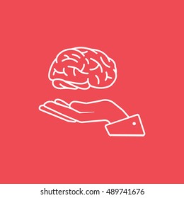 Brain On Hand Line Icon On Red Background