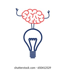 Brain on idea. Vector concept illustration of brain standing on lighting bulb | flat design linear infographic icon red and blue on white background