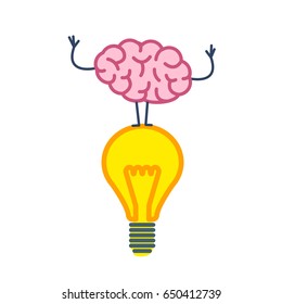 Brain on idea. Vector concept illustration of brain standing on lighting bulb | flat design linear infographic icon colorful on white background