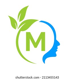Design des Logos auf M-Buchstaben des Gehirns. Leaf Head-Schilder Gesundheit und Fitness, Eco Leaf Thinking Head Konzept Vektor