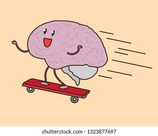 The brain on a snowboard soars up. Vector illustration.