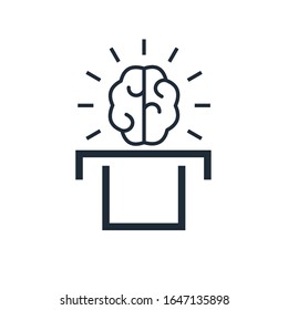 The brain on the tribune. Educational lecture, webinar. Vector linear icon on a white background.