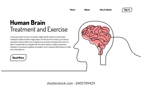 Brain one line drawing. Continuous sketch hand drawn medical human training. Mind and mental health problem concept.
