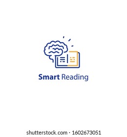 Brain and open book, intellect development, smart thinking, fast reading, summary concept, education course, vector line icon