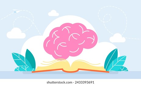 Brain and opened book. Brain reading a book. Reading books to gain knowledge, intelligence and thinking skill, lifelong learning, research and study for personal growth concept. Vector illustration