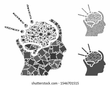 Brain operation mosaic of abrupt elements in different sizes and color hues, based on brain operation icon. Vector bumpy parts are united into collage.