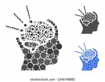 Brain operation mosaic of spheric dots in various sizes and color tinges, based on brain operation icon. Vector dots are composed into blue mosaic.