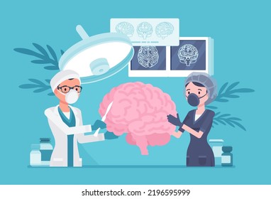 Brain Operation, Neurosurgery, Surgery Of Nervous System. Male And Female Doctor Understanding, Diagnosing, And Treating Neurologic Disease, Dementia Study, Disorder Examination. Vector Illustration