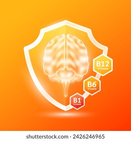 Brain in orange shield glass with Vitamin B12, B6, B1 and Folic Acid. Supplement nutrients necessary for health nerve cell. Medical health care. Vector EPS10.