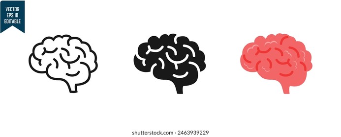Brain organ design set, outline, solid and colored, simple style to complement data and research, editable vector eps 10.