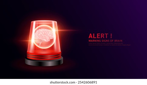 Órgano cerebral humano dentro de la sirena roja. Signos de peligro de enfermedad cerebral. Advertencia de emergencia de alerta intermitente. Señal de socorro médico. Vector EPS10.