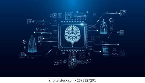 Brain organ human in microchip processor circuit board. HUD interface hologram. Innovative health care analysis of AI technology digital hi tech. Modern treatment future medicine. Vector.