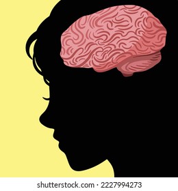 Brain organ on a human head face silhouette vector illustration on yellow background. Thinking smart themed drawing with cartoon styled flat art style.