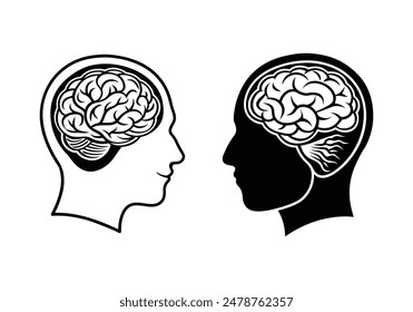 brain organ in side man head silhouette, outline, simple line illustration design.