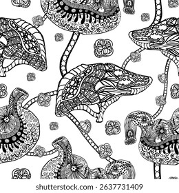 Brain and Organs Seamless Line Art Medical Pattern. Stingray Anatomy Seamless Pattern in Line Art Style. Seamless pattern featuring stylized stingray illustrations with internal anatomy detail