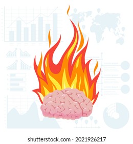 Brain overheating. Burning head. Cartoon body part with red fire flame. Overworked student. Burnout worker. Headache or emotional mental stress. Hard work. Infographic signs. Vector concept