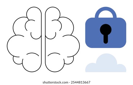 Brain with a padlock and cloud represents digital privacy and mental security. Ideal for technology, security, data protection, mental health, and cloud computing themes. Minimal, modern, abstract