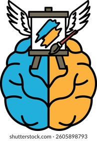 A brain with a paintbrush on it. The brain is split into two halves, one blue and one orange. The blue half is labeled "left"