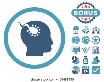 Brain Parasite icon with bonus pictogram. Vector illustration style is flat iconic bicolor symbols, cyan and blue colors, white background.