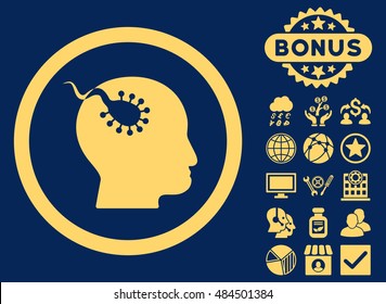 Brain Parasite icon with bonus pictogram. Vector illustration style is flat iconic symbols, yellow color, blue background.