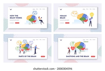 Brain Parts Landing Page Template Set. Tiny Characters at Huge Human Brain Separated on Frontal, Parietal, Occipital, Temporal Lobes, Cerebellum, Brainstem Chart. Cartoon People Vector Illustration
