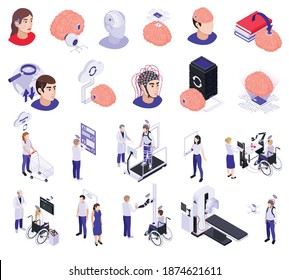 Brain pathologies diagnose neural implants model treatment innovative computer interfaces rehabilitation technologies research isometric set vector illustration