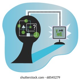 Brain to PC - Conceptual image of unorganized data in the human brain being transferred to a computer database