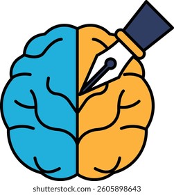 A brain with a pen in the middle. The pen is on the right side of the brain
