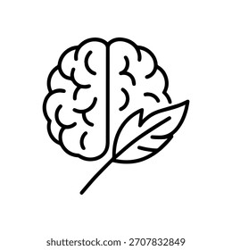 brain with pen vector line icon on a white background Vector line icon on a white background