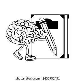 Brain with pencil and book cartoons vector illustration graphic design