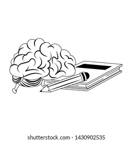 Brain with pencil and book cartoons vector illustration graphic design