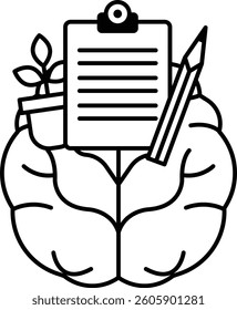A brain with a pencil and a clipboard on top of it. The clipboard has a piece of paper on it