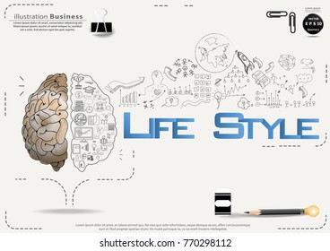  Brain - Pencil Sketch - Icon Business - text Life style, modern Idea and Concept Vector illustration Business.