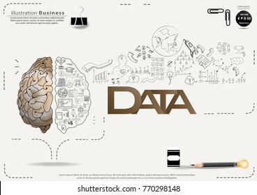  Brain - Pencil Sketch - Icon Business - text Data, modern Idea and Concept Vector illustration Business.