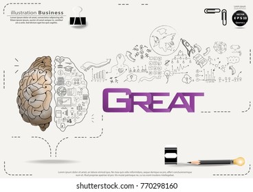 Brain - Pencil Sketch - Icon Business - text Great, modern Idea and Concept Vector illustration Business.