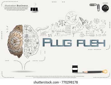  Brain - Pencil Sketch - Icon Business - text Plug Push, modern Idea and Concept Vector illustration Business.
