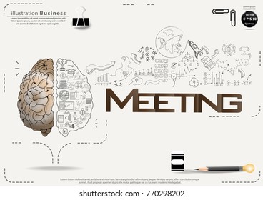  Brain - Pencil Sketch - Icon Business - text Meeting, modern Idea and Concept Vector illustration Business.