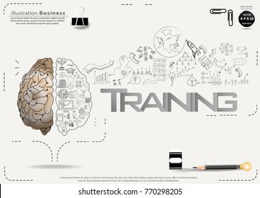  Brain - Pencil Sketch - Icon Business - text Training, modern Idea and Concept Vector illustration Business.