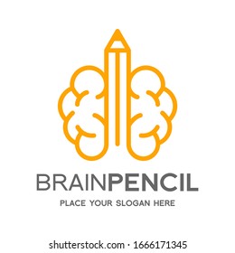 Brain pencil vector logo template. This design uses line style and yellow color. Suitable for education.