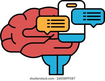 A brain with a phone in its hand and a conversation going on. The brain is red and blue