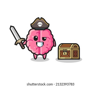 el personaje pirata cerebral sostiene la espada al lado de una caja del tesoro, diseño de estilo lindo para camiseta, pegatina, elemento logo